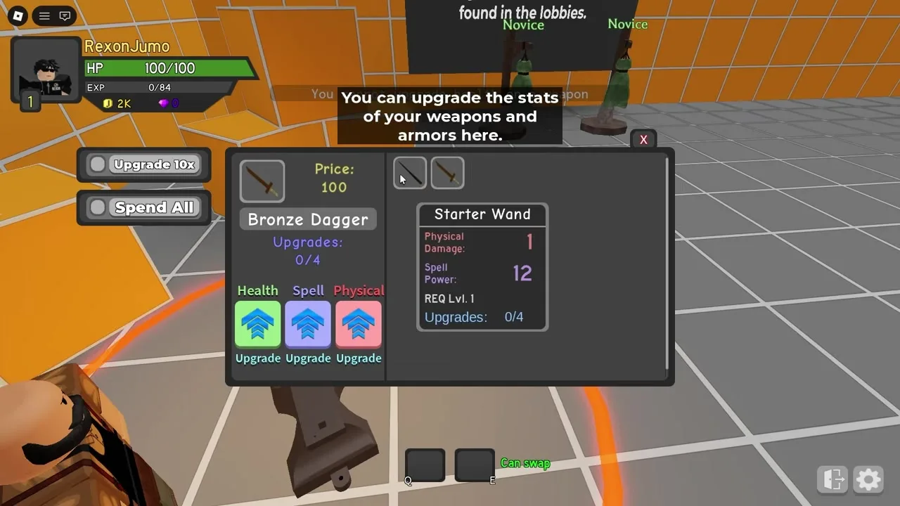 Dungeon Quest Reborn early weapon upgrade stats panel