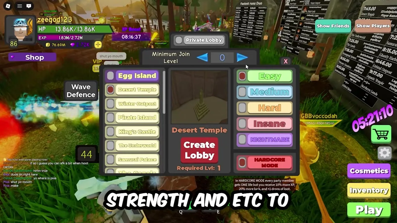 Dungeon Quest Reborn Hardcore mode tooltip / start screen